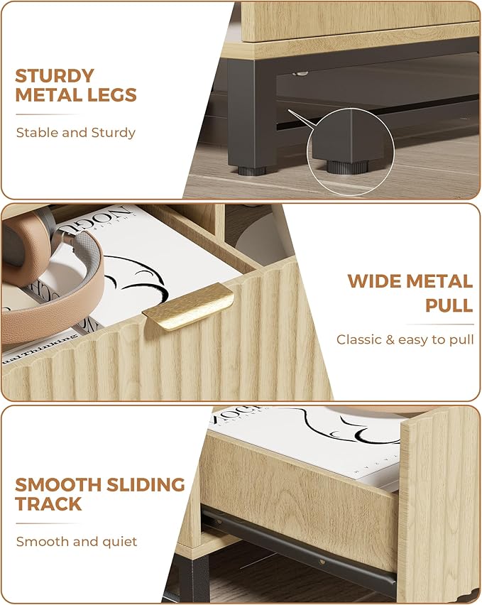 Fluted Night Stand with Charging Station, Wood Nightstand with Large Drawer and - Image 6
