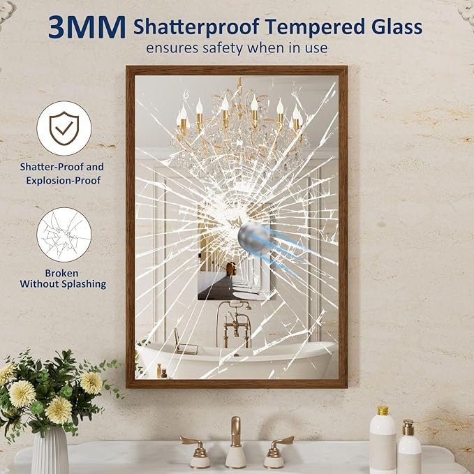 WEER Bathroom Mirror, 24x36 Inch Wall Mirror, Walnut Wood Grain Framed Mirror - Image 2