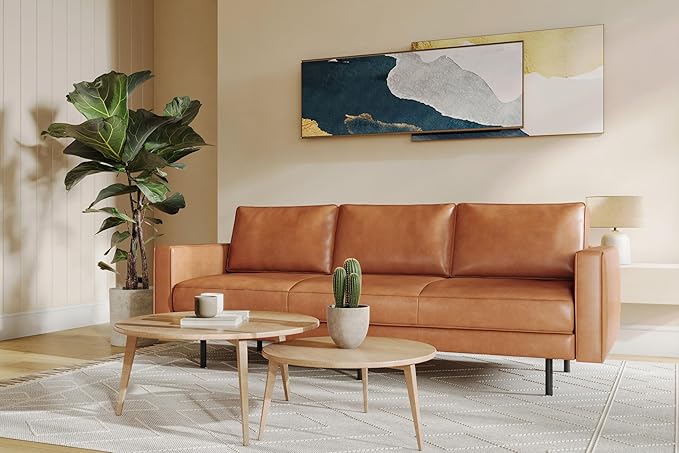 Valencia Varese 90" Full Leather Couch Cognac Tan Brown- Italian Nappa Leather - Image 5