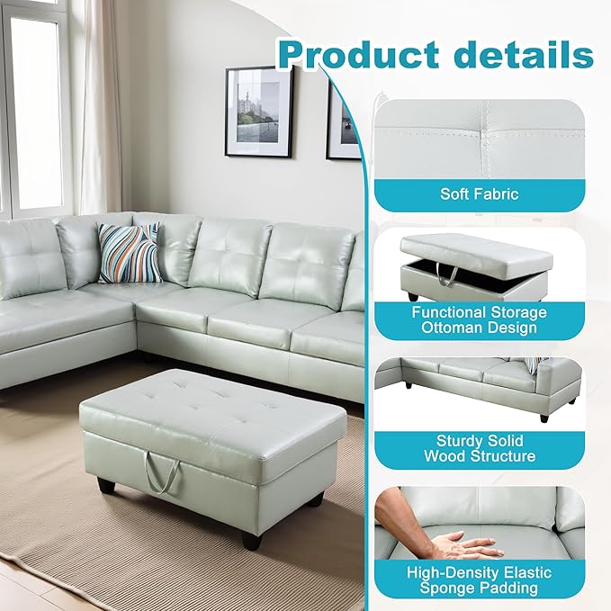 L Shaped Couch PU Leather Sectional Couch Upholstered 3 Pieces Sofas - Image 5