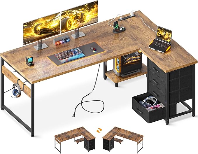 AODK L Shaped Desk with 4 Tier Drawers, L Shaped Computer Table with USB by AODK