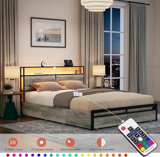Queen Size Bed Frame with Storage Headboard and 4 Drawers LED Lighting Sturdy - Image 6