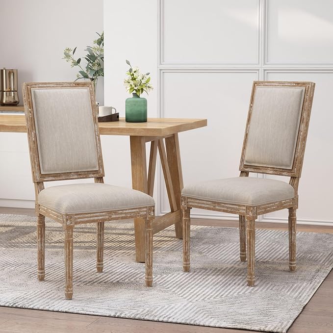 Merax Upholstered Solid Wood Dining Chairs Set of 2, French Country Style - Image 4