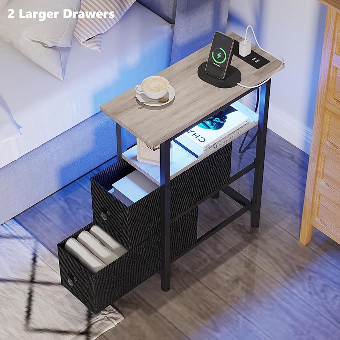End Table Set 2 with Charging Station, Narrow Side Table with 2 Fabric Drawers - Image 6