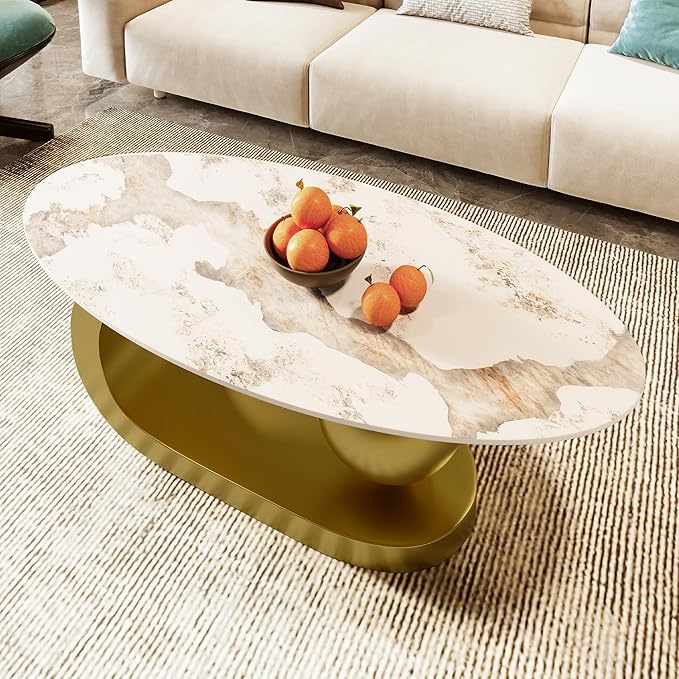 Merax 47.2" Modern Oval Coffee Table, Marble Pattern Sintered Stone Coffee - Image 6