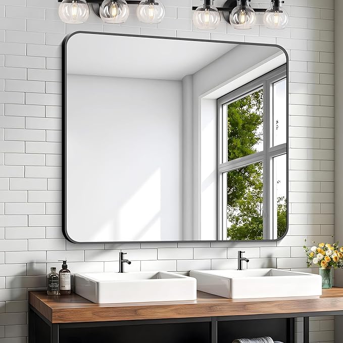 KOCUUY Black Rectangle Mirror, Large Metal Framed Mirror by KOCUUY