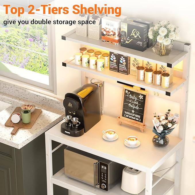 Aheaplus Bakers Rack with Power Outlet, Microwave Stand, 5 Tiers Coffee Bar - Image 6