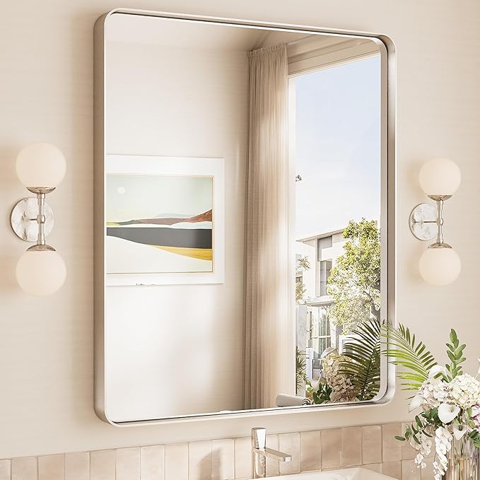 TokeShimi 30x36 Brushed Nickel Bathroom Wall Mirror Vanity Metal Frame Round by RefinedBathroomAccessories
