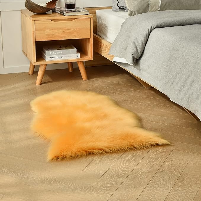 duduta Yellow Faux Sheepskin Throw Rug 2x3 ft, Fluffy Shag Fur Chair Cover - Image 5