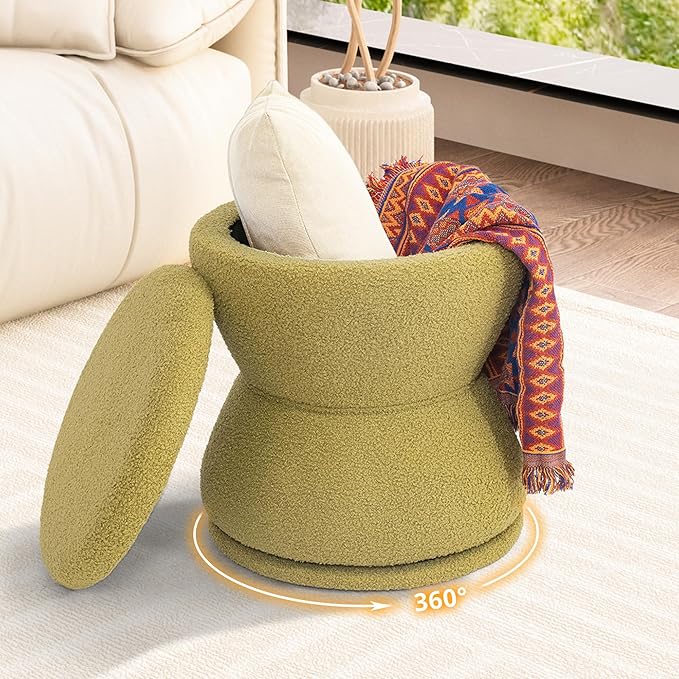 Ottoman with Storage, 360° Swivel Boucle Ottoman Vanity Stool, Upholstered by EAZEHOME