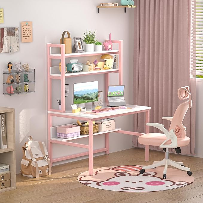 Aquzee Pink Desk with Hutch for Girls, 47in Computer Desk with Bookshelf for - Image 2