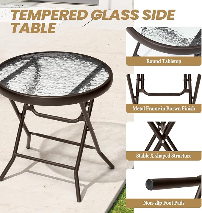 Foldable Side Table with Tempered Glass Top 18" Outdoor Folding Side Table - Image 5
