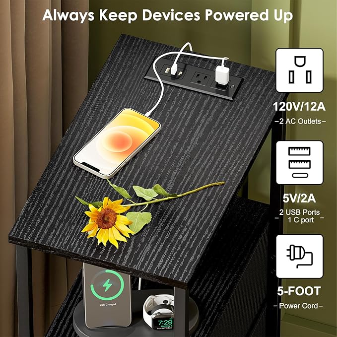 Fixwal Narrow Side Table with Charging Station and LED Light, Skinny Nightstand - Image 5
