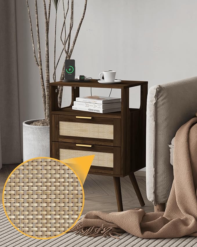 Rattan Nightstand with Charging Station, Modern Bedside Table with 2 Storage - Image 5
