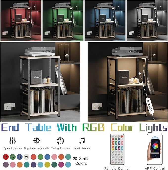 End Table with LED Light, Record Player Stand with Albums Storage, Vinyl - Image 4