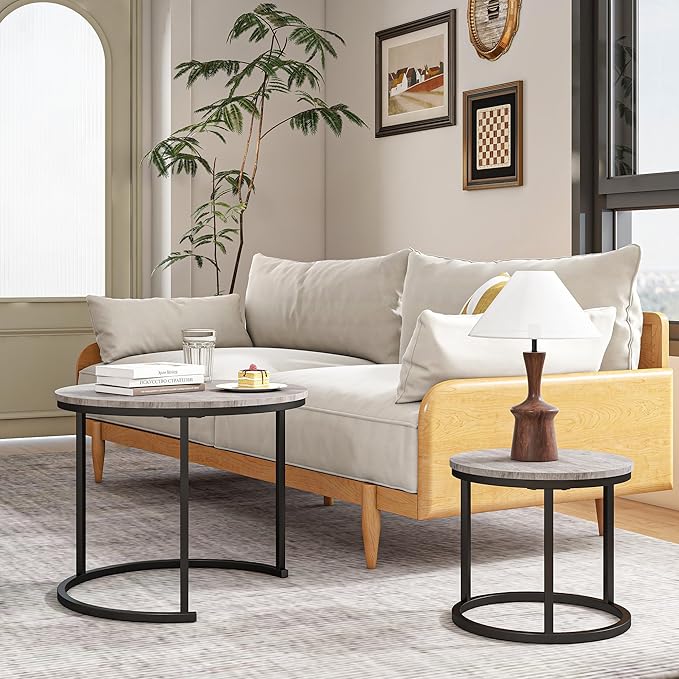 Round Coffee Table Set of 2 for Living Room, Nesting Tables Metal Frame/Wood - Image 6