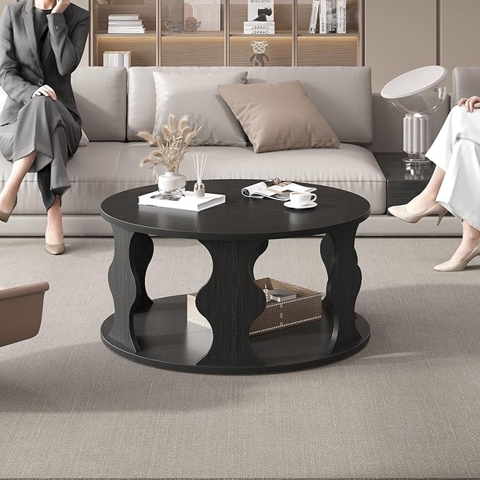 HSH Black Round Coffee Table, Modern Wood Circle Center Table - Image 9