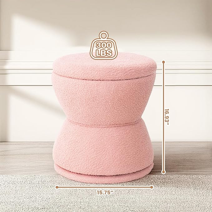 Round Ottoman with Storage, 360° Swivel Boucle Ottoman Vanity Stool, - Image 2