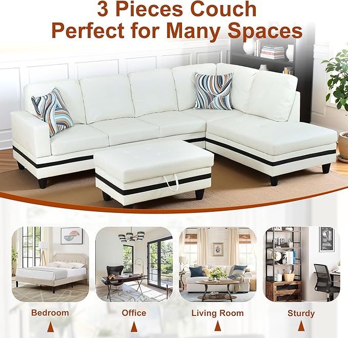 Osparple L Shaped Couch PU Leather Sectional Couch Upholstered 3 Pieces Sofas - Image 7
