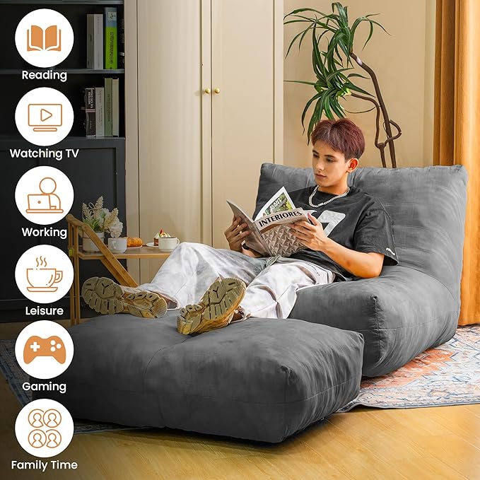 Bean Bag Chair with Ottoman, Comfy Bean Bag Sofa with Memory Foam, Lazy BeanBag - Image 8