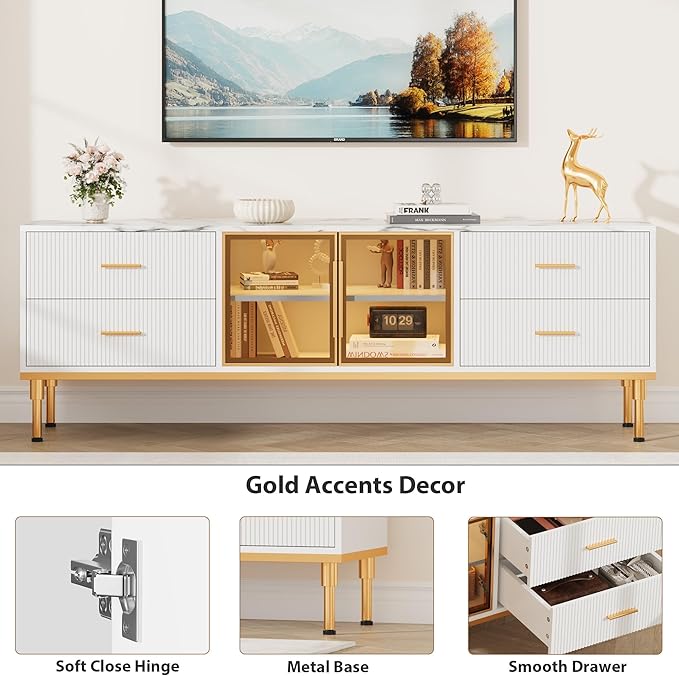 66" Fluted TV Stand with LED Light, Modern Entertainment Center - Image 5