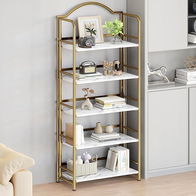 No-Assembly Gold Folding Bookshelf Storage Shelves 5 Tiers Vintage - Image 4