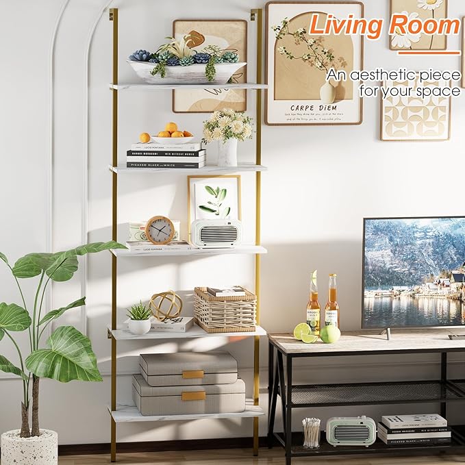 5 Tiers Ladder 2-Piece Shelf White Marble Modern Bookshelf Open Tall Wall Mount - Image 8