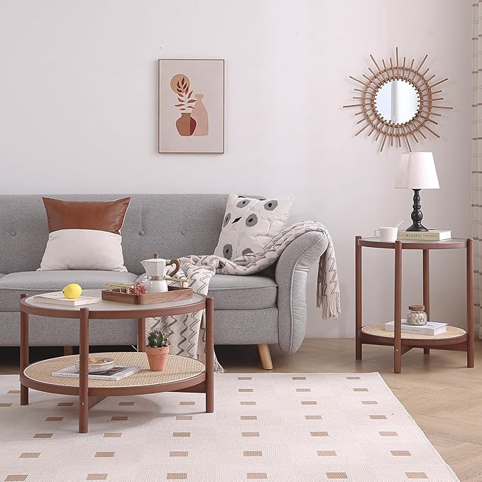 Tiita Rattan Coffee Table, Round End Table, 2-Tier Modern Side Table, Small - Image 8