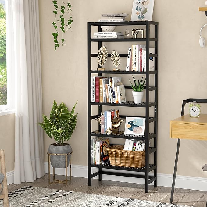 Homykic 6-Tier Bamboo Bookshelves and Bookcases, Adjustable 63.4”Tall Shallow - Image 2