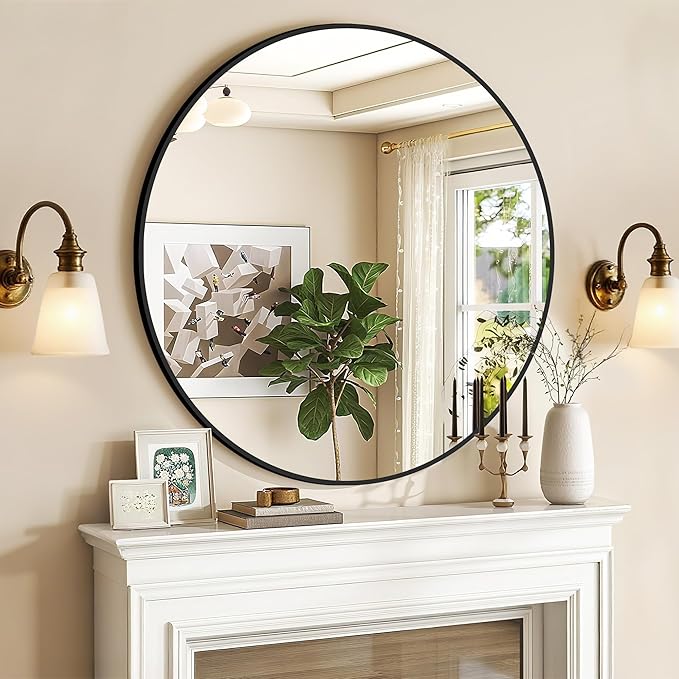 Round Mirror Black Frame 28 Inch Mirror Living Room Round Bathroom Mirrors by PUZONJIG