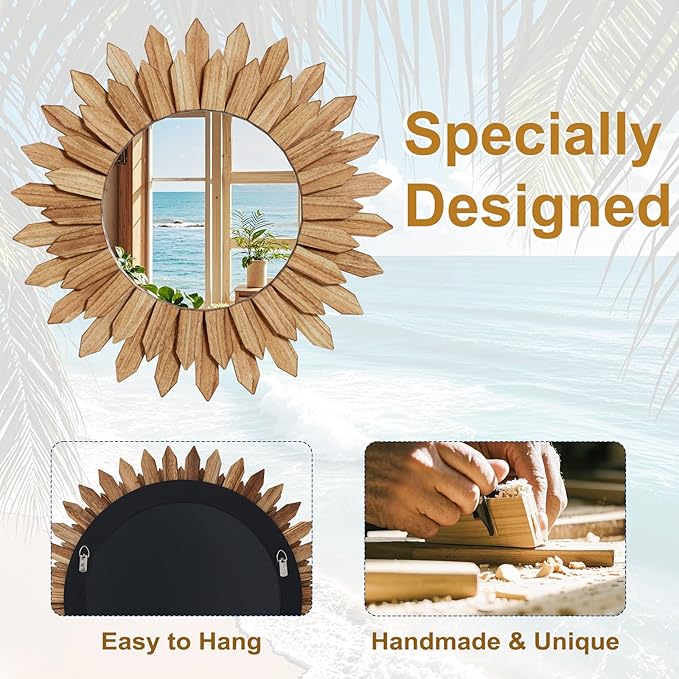 20 Inch Brown Boho Wall Decor Sunburst Mirror - Image 4