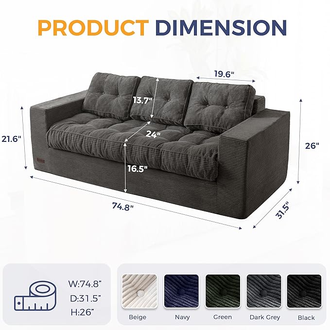 MAXYOYO 3 Seater Couch for Living Room, Boneless Couch - Image 2