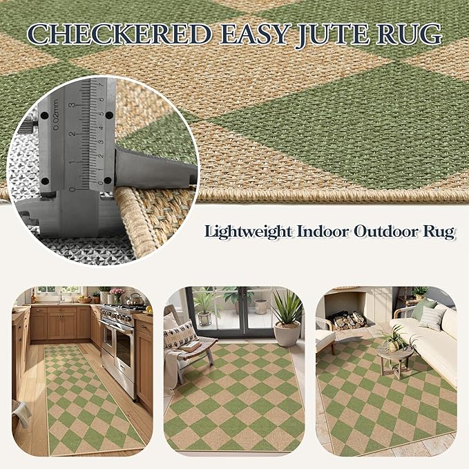 Lahome Green Checkered Easy Jute Rug, 3x5 Washable Outdoor Rug Neutral Rug - Image 5