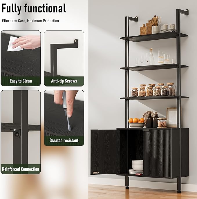 74" Tall Bookshelf with Storage Cabinet, Modern Ladder Shelf with Wood and - Image 4