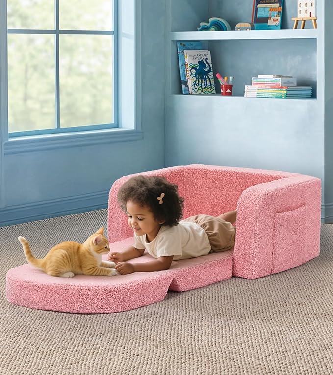 Kids Couch, 2-in-1 Soft Toddler Couch Fold Out - Image 2