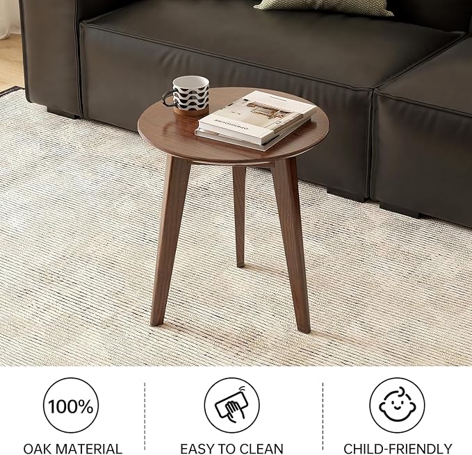 100% Solid Oak Round Side Table Set of 2, Small Bedside Table - Image 7