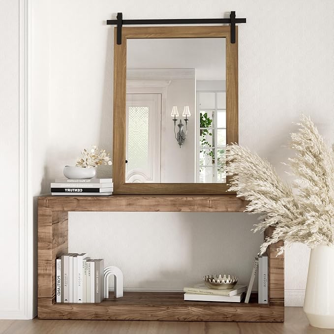 Farmhouse Wall Mirror, Rustic Wood Frame Bathroom Mirror Barn Door Inspired - Image 5