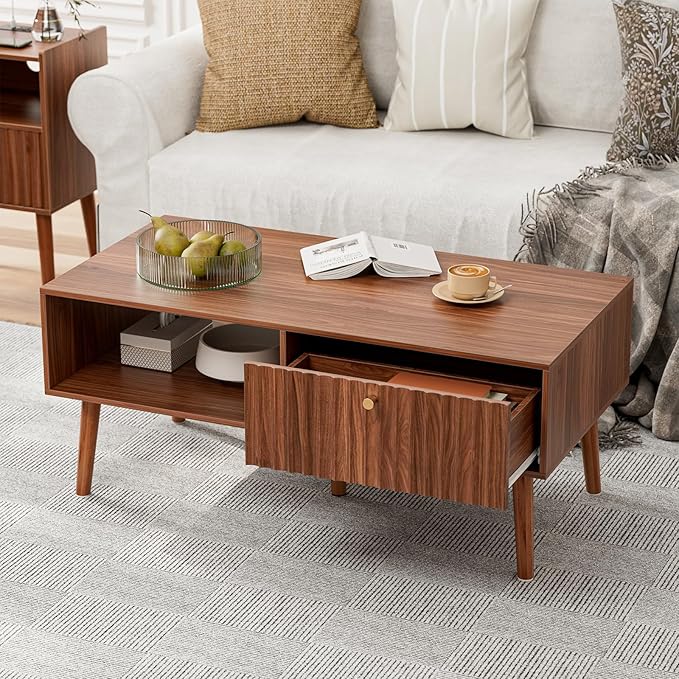 Coffee Table with Storage, Mid Century Dining Table with Fluted Drawer and by Unknown