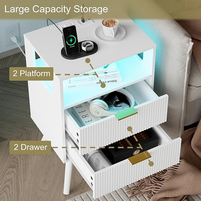 White Nightstand with Charging Station and LED Lights, Modern Bedside Table - Image 6