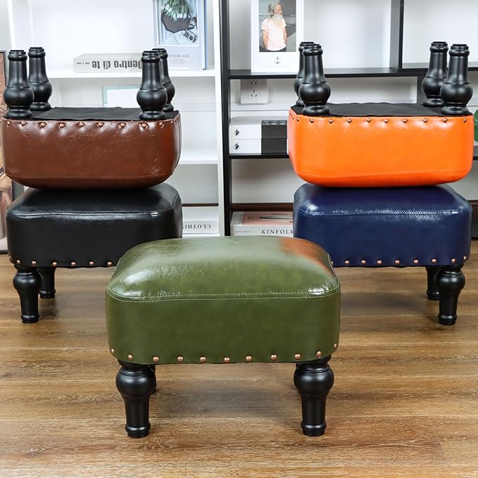 Ottoman Leather Foot Rest with Thicker Foam Padded Seat, Footstool with Wooden - Image 6
