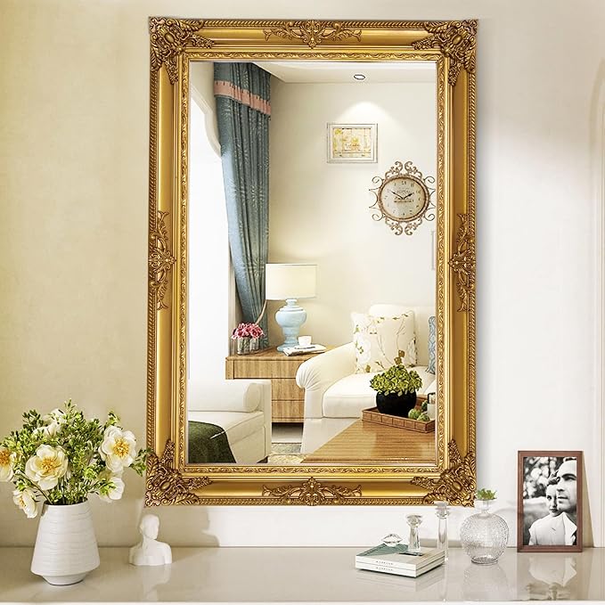 Gold Vintage Mirror, 37.4" x 25.6" Traditional Antique Gold Wall Mirrors by AutdotWallMirrors