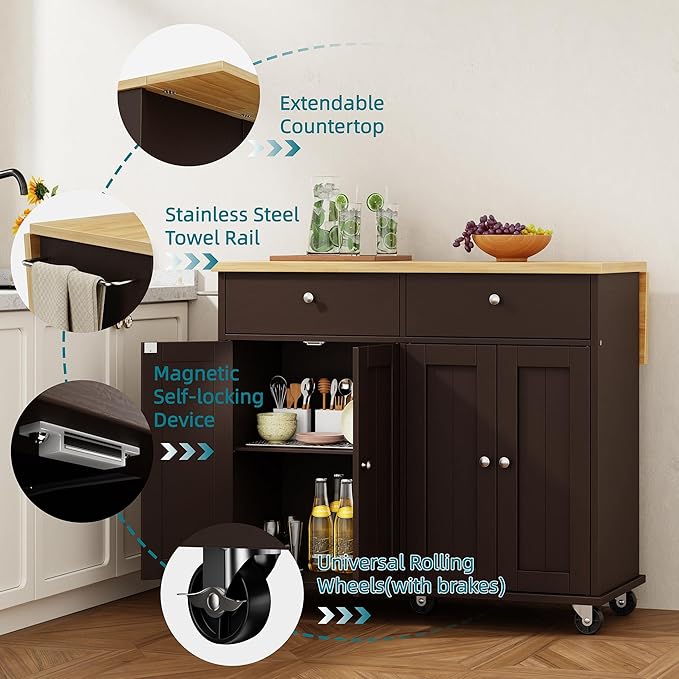 Shintenchi Kitchen Island with Drop Leaf, Rolling Kitchen Cart with Storage on - Image 4