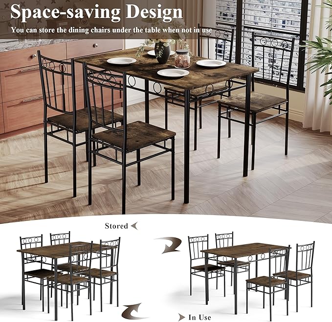 5 Piece Dining Table Set, Modern Metal&Wood Kitchen Dinner Table - Image 7