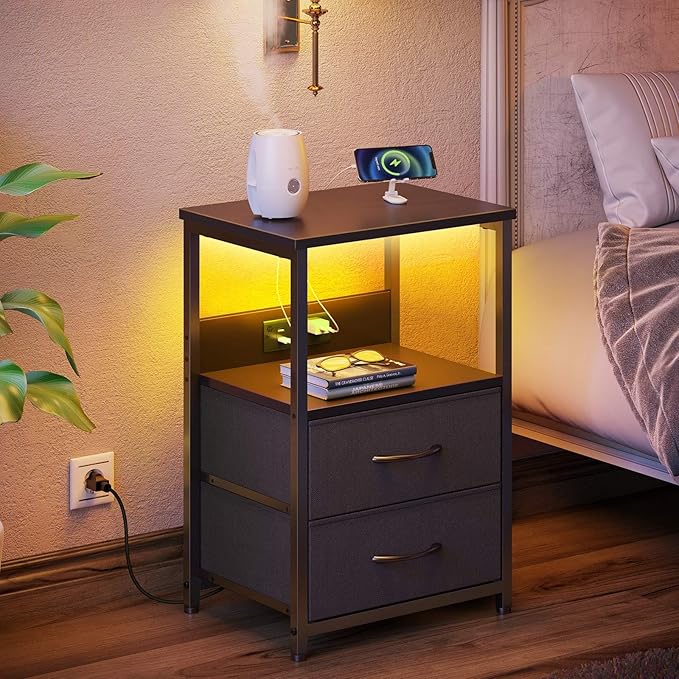 Seventable Nightstand with Charging Station, Bedside Table with LED Lights - Image 7