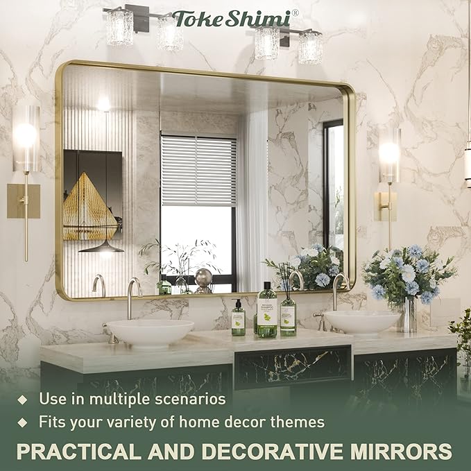 TokeShimi Gold Bathroom Mirror for Wall 40 x 30 Inch Rounded Corner Rectangle - Image 2