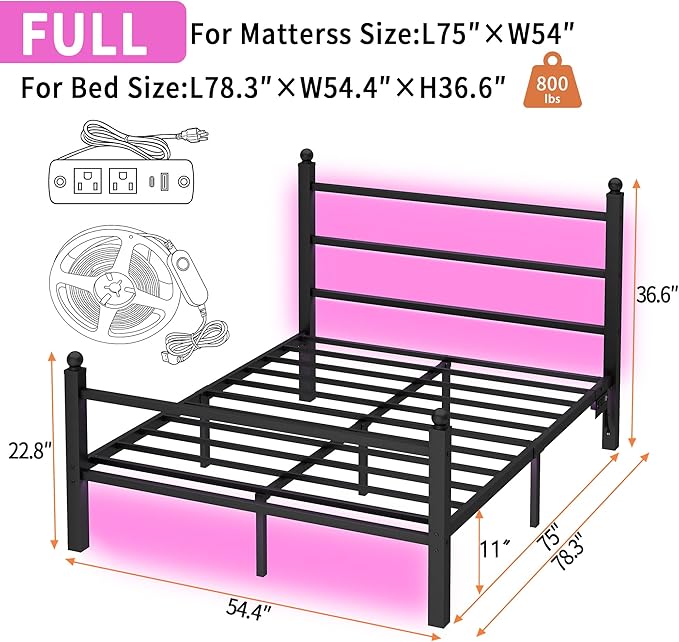 Full Size Bed Frame with Headboard and Footboard, Steel Slats Support-LED Bed - Image 2
