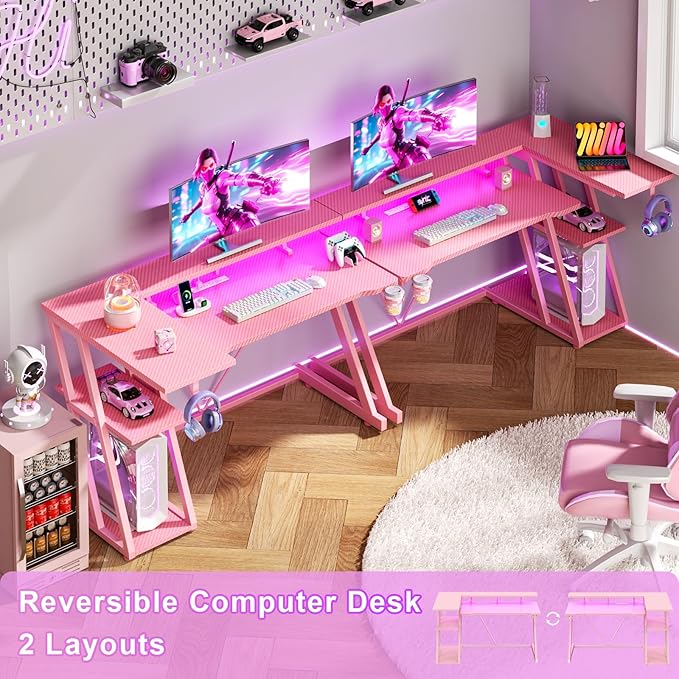47 Inch Pink Gaming Desk with Power Outlet & LED Lights, Corner Computer Desk - Image 3
