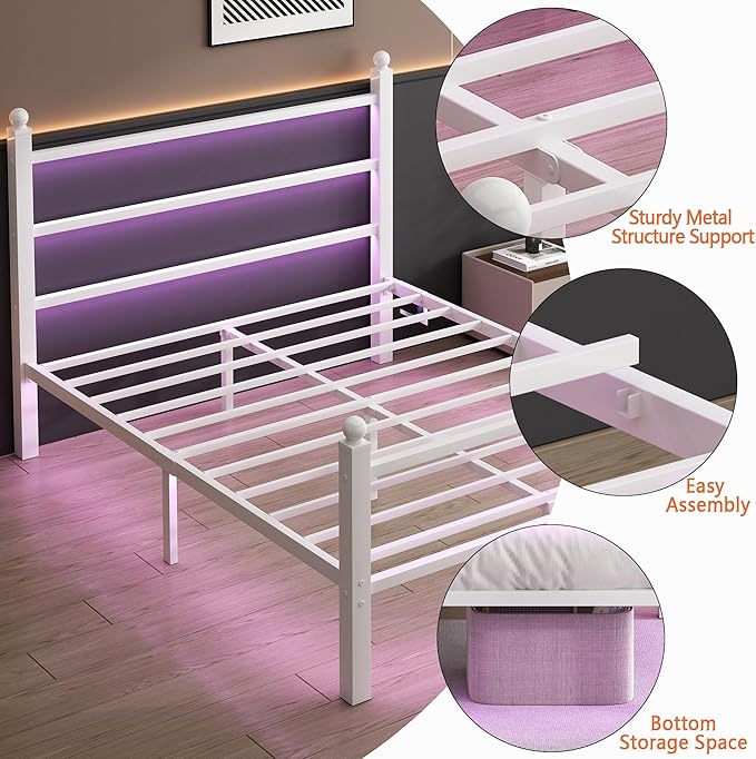 Full Size Bed Frame with Headboard and Footboard, Steel Slats Support-LED Bed - Image 7