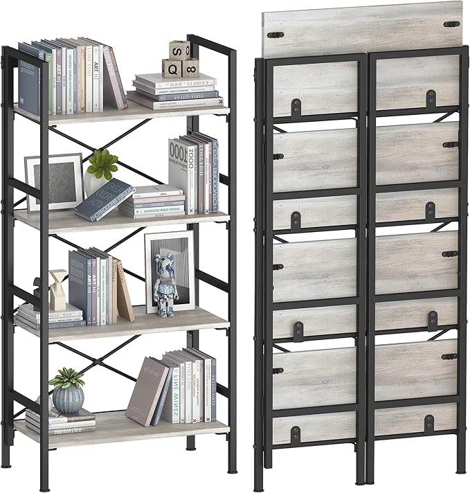 Folding Bookshelf, 4 Tier Bookcase Foldable Shelf by Homeiju