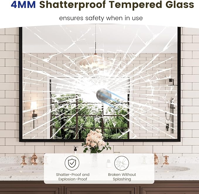 WEER 48X36 Inch Black Bathroom Mirror, Rectangular Framed Mirror - Image 2